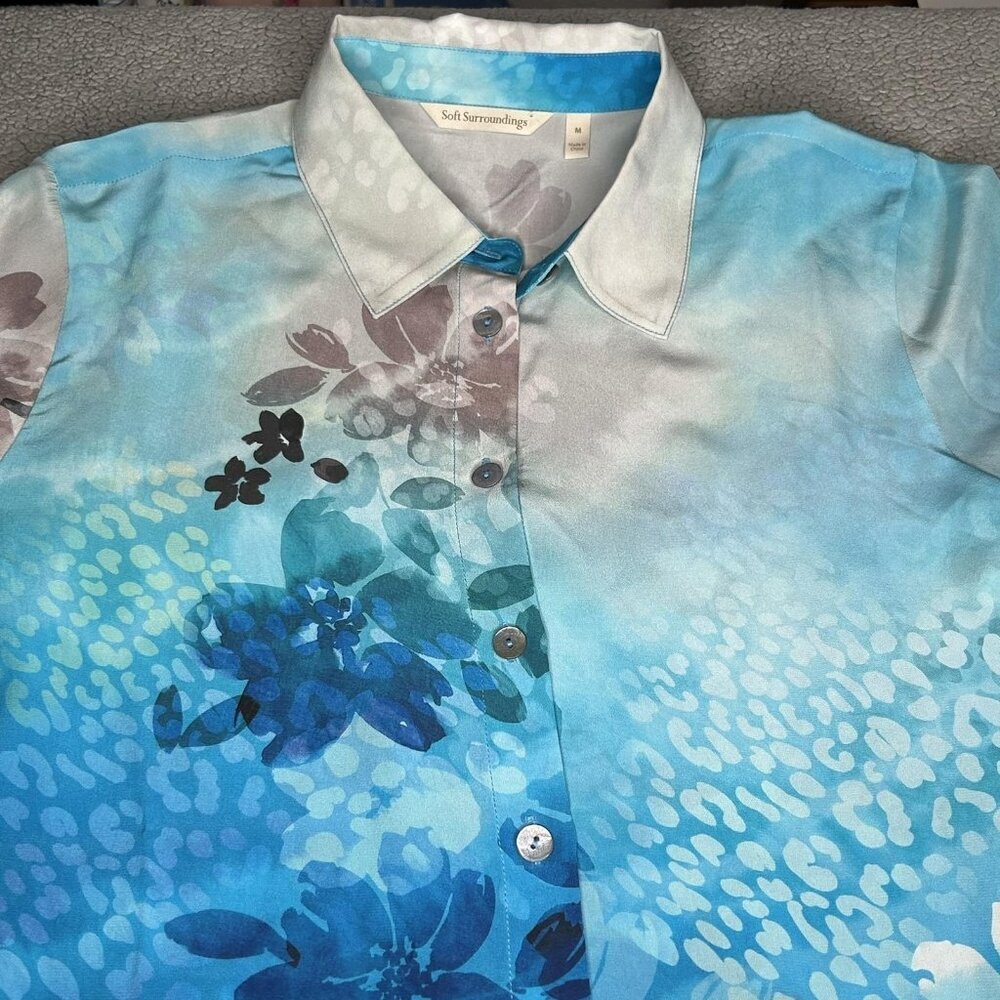 Soft Surroundings Shirt Womens Medium Blue Silk Floral Button Front Tunic Top - Picture 3 of 12